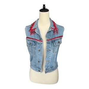 Embellished Denim Vest with Red Accents